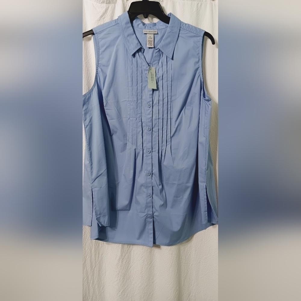 Catherines Womens Blouse Size 0X Blue Pleated Button Up Sleeveless Top